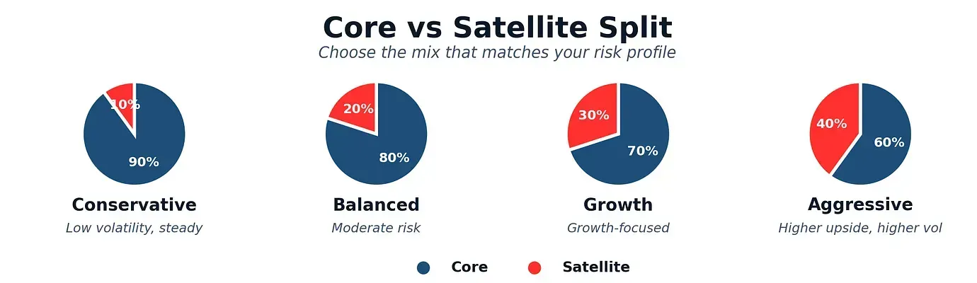 Core vs satellite split: conservative 90/10, balanced 80/20, growth 70/30, aggressive 60/40